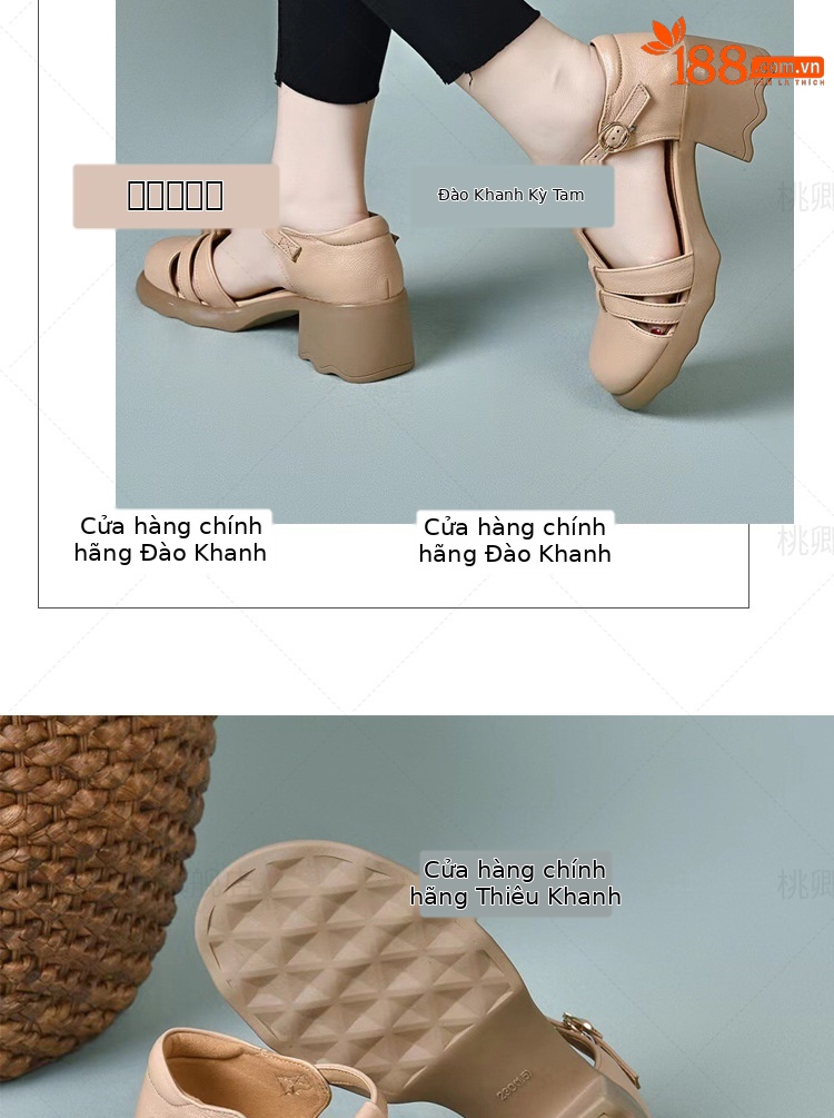Sandal nữ da thật mũi kín đế dày gót thấp kiểu La Mã — Màu đen chi tiết 15