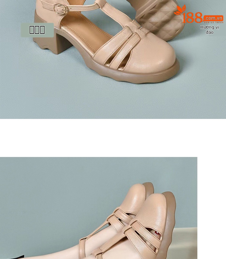 Sandal nữ da thật mũi kín đế dày gót thấp kiểu La Mã — Màu đen chi tiết 16