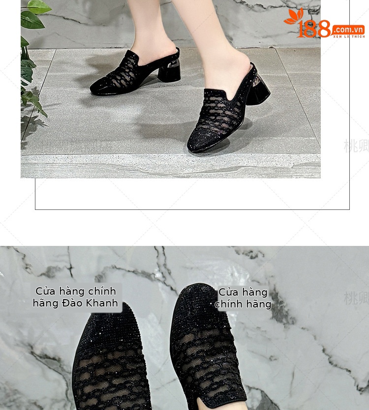 Dép sandal nữ quai chữ V gót thấp 3 cm, đế mềm, lưới thoáng khí — Gót đen cao 3 cm chi tiết 13