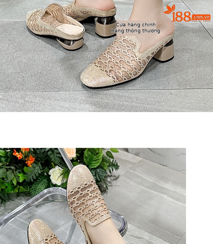 Dép sandal nữ quai chữ V gót thấp 3 cm, đế mềm, lưới thoáng khí — Gót đen cao 3 cm chi tiết 16