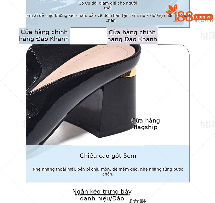 Giày mule nữ da bóng mũi kín, gót thấp, lưới khoét lỗ thoáng khí — Màu đen chi tiết 10