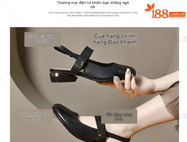 Dép da thật nữ mũi tròn bít gót thấp 3 cm quai chữ V đế mềm — Gót đen cao 3 cm chi tiết 5
