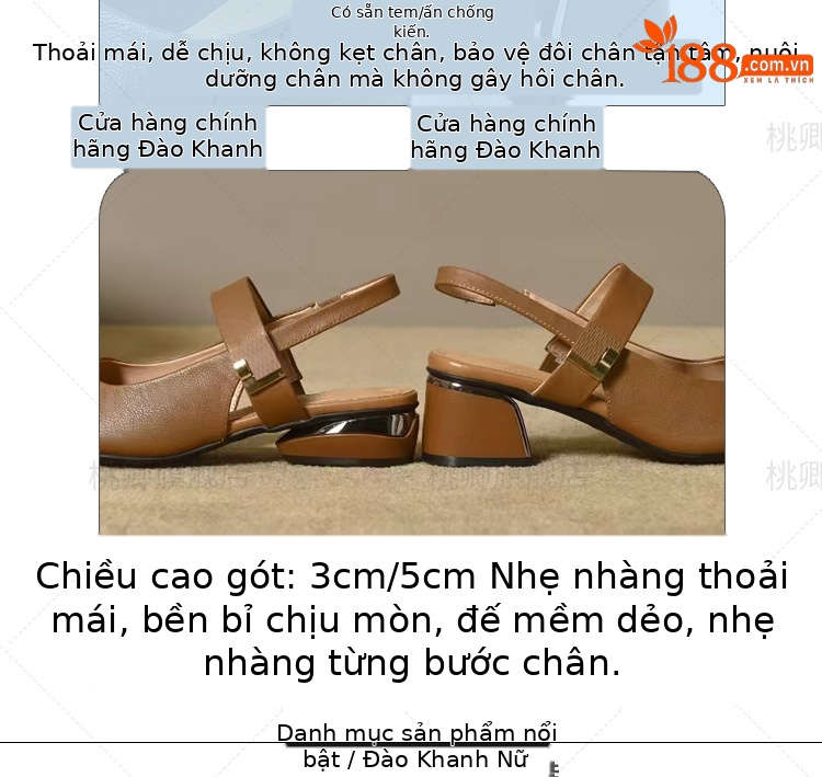 Dép da thật nữ mũi tròn bít gót thấp 3 cm quai chữ V đế mềm — Gót đen cao 3 cm chi tiết 10