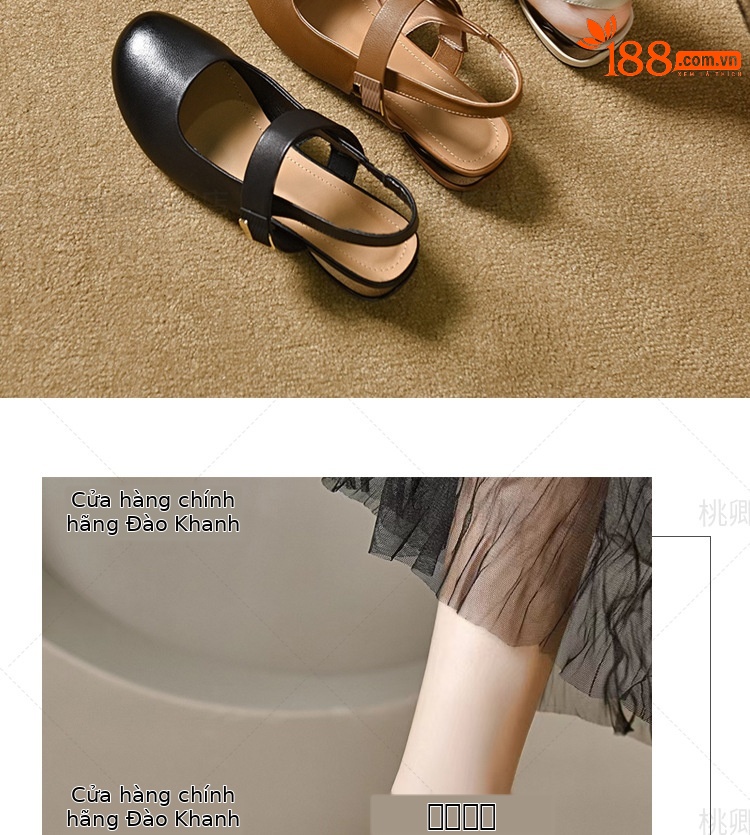 Dép da thật nữ mũi tròn bít gót thấp 3 cm quai chữ V đế mềm — Gót đen cao 3 cm chi tiết 12