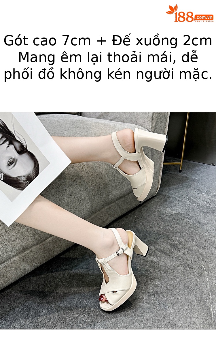 Sandal cao gót nữ mũi cá da thật đế platform quai ngang dệt kim gót thô 9 cm — Màu be chi tiết 3