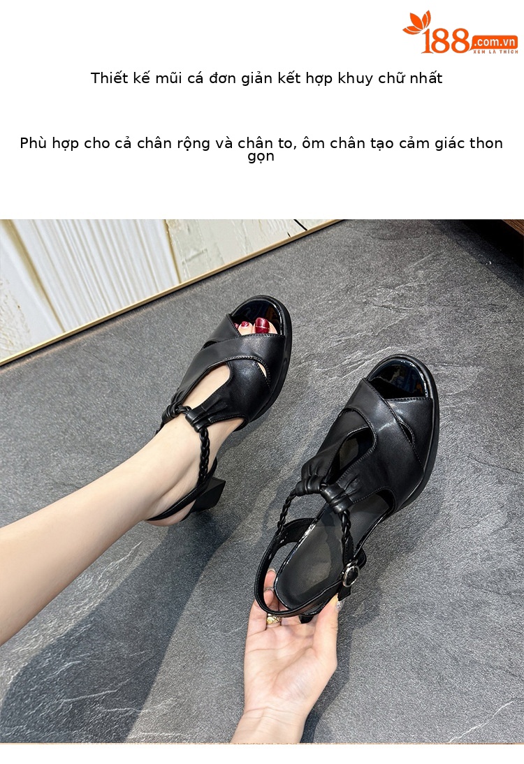 Sandal cao gót nữ mũi cá da thật đế platform quai ngang dệt kim gót thô 9 cm — Màu be chi tiết 4