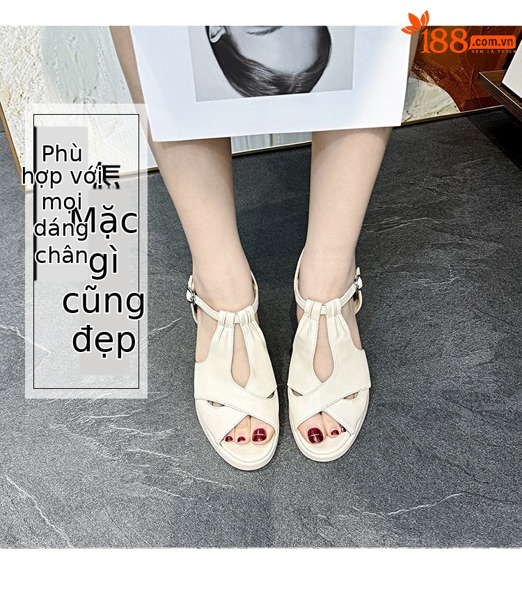 Sandal cao gót nữ mũi cá da thật đế platform quai ngang dệt kim gót thô 9 cm — Màu be chi tiết 6