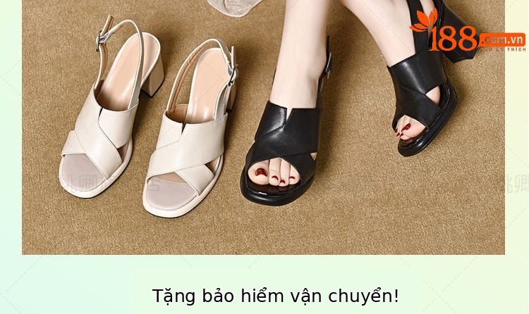 Sandal da thật hở mũi gót vuông 7 cm phối váy dạo phố — Màu be cao gót 7 cm chi tiết 2