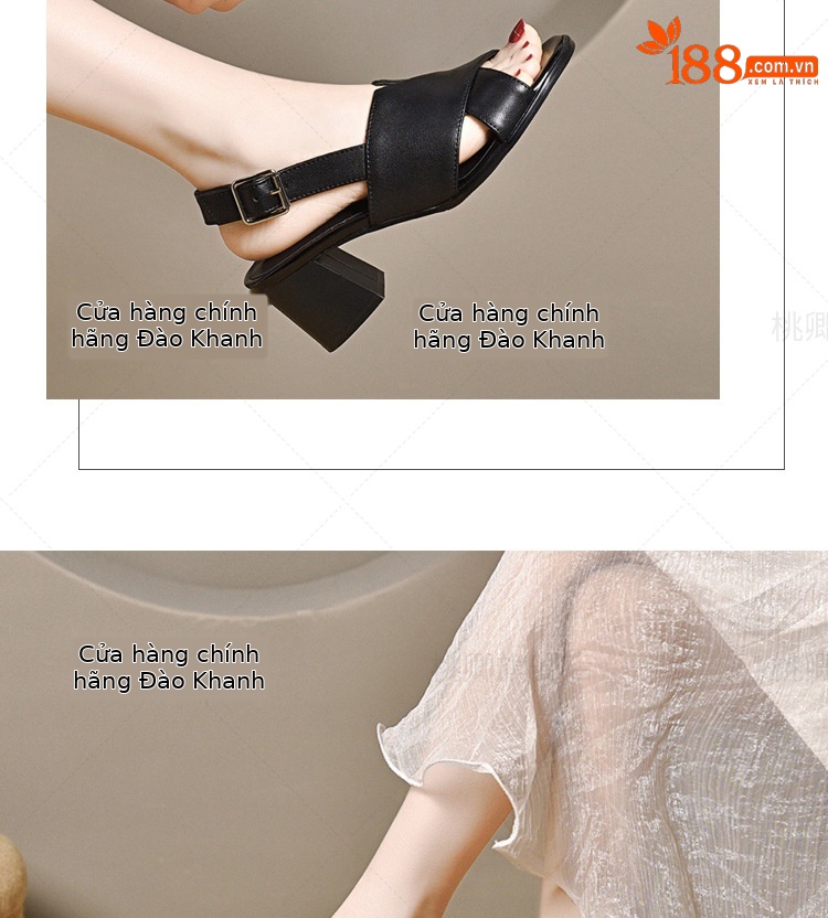 Sandal da thật hở mũi gót vuông 7 cm phối váy dạo phố — Màu be cao gót 7 cm chi tiết 13