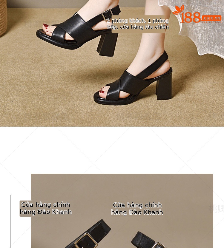 Sandal da thật hở mũi gót vuông 7 cm phối váy dạo phố — Màu be cao gót 7 cm chi tiết 14