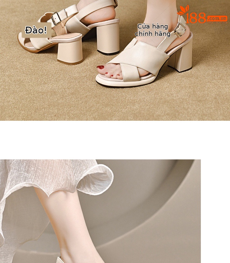 Sandal da thật hở mũi gót vuông 7 cm phối váy dạo phố — Màu be cao gót 7 cm chi tiết 16