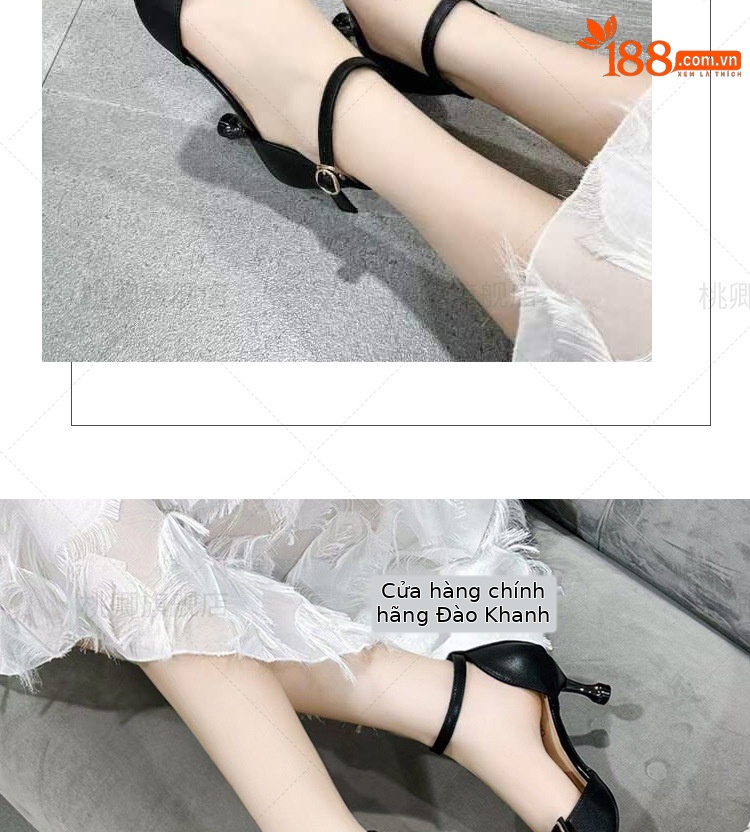 Sandal cao gót nữ da thật mũi nhọn gót mảnh phối váy — Màu đen chi tiết 13