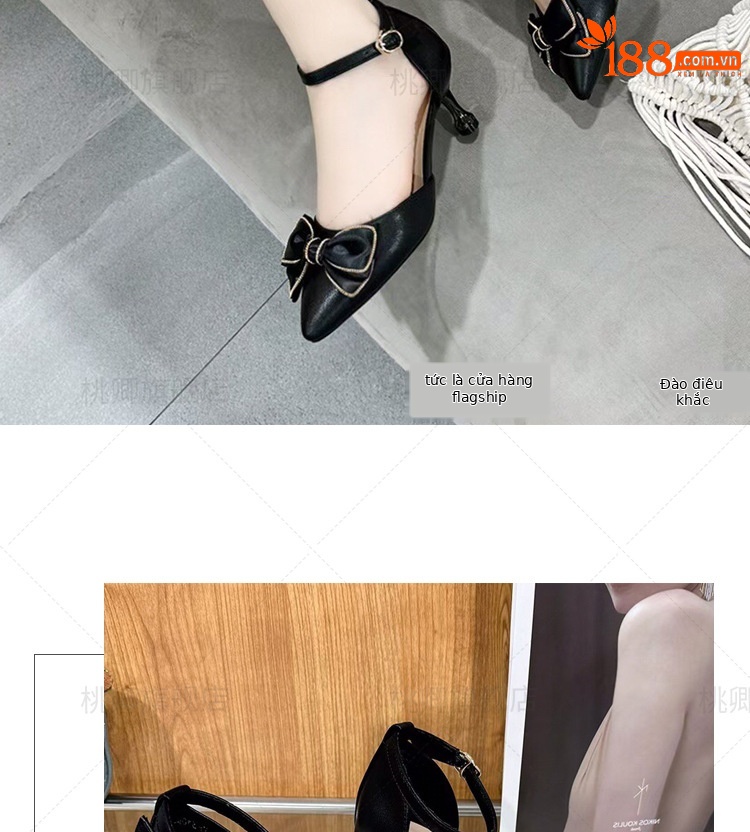 Sandal cao gót nữ da thật mũi nhọn gót mảnh phối váy — Màu đen chi tiết 14