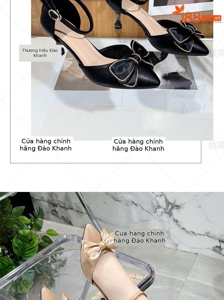 Sandal cao gót nữ da thật mũi nhọn gót mảnh phối váy — Màu đen chi tiết 15