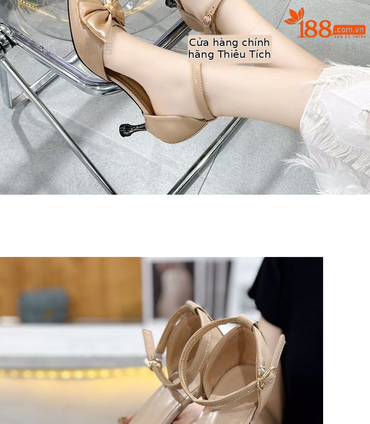 Sandal cao gót nữ da thật mũi nhọn gót mảnh phối váy — Màu đen chi tiết 16