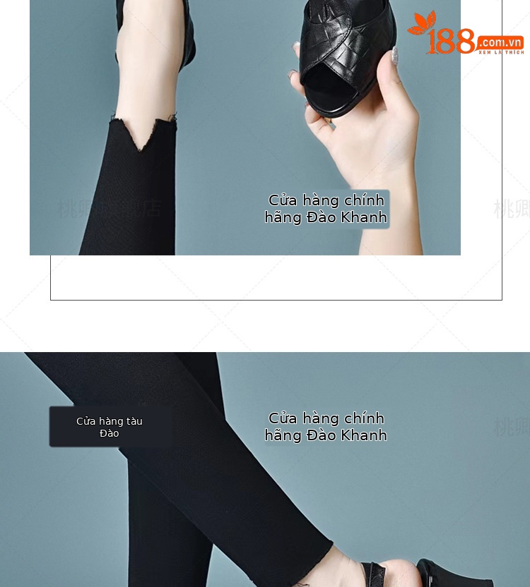Sandal peep-toe da cừu gót vuông ổn định phối váy — Màu nâu chi tiết 13