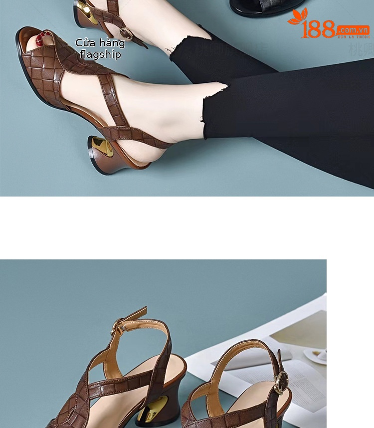 Sandal peep-toe da cừu gót vuông ổn định phối váy — Màu nâu chi tiết 16