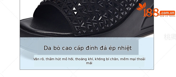 Sandal cao gót nữ đế dày đính đá lấp lánh quai ngang da thật — Màu đen chi tiết 5