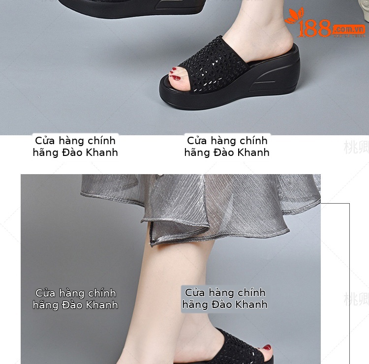 Sandal cao gót nữ đế dày đính đá lấp lánh quai ngang da thật — Màu đen chi tiết 8