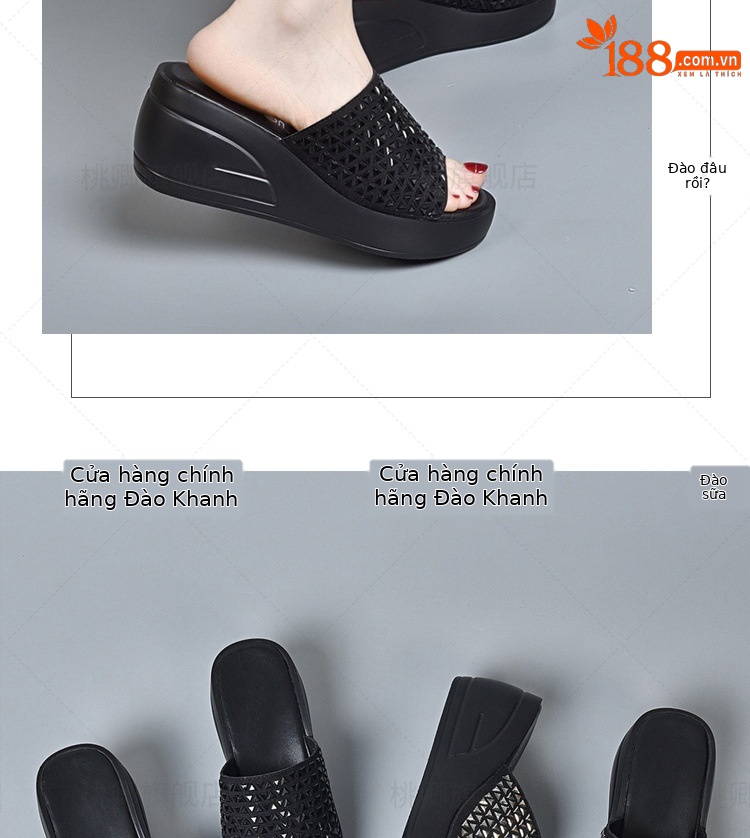 Sandal cao gót nữ đế dày đính đá lấp lánh quai ngang da thật — Màu đen chi tiết 9