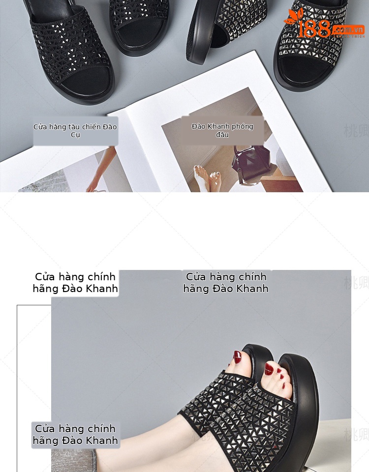 Sandal cao gót nữ đế dày đính đá lấp lánh quai ngang da thật — Màu đen chi tiết 10