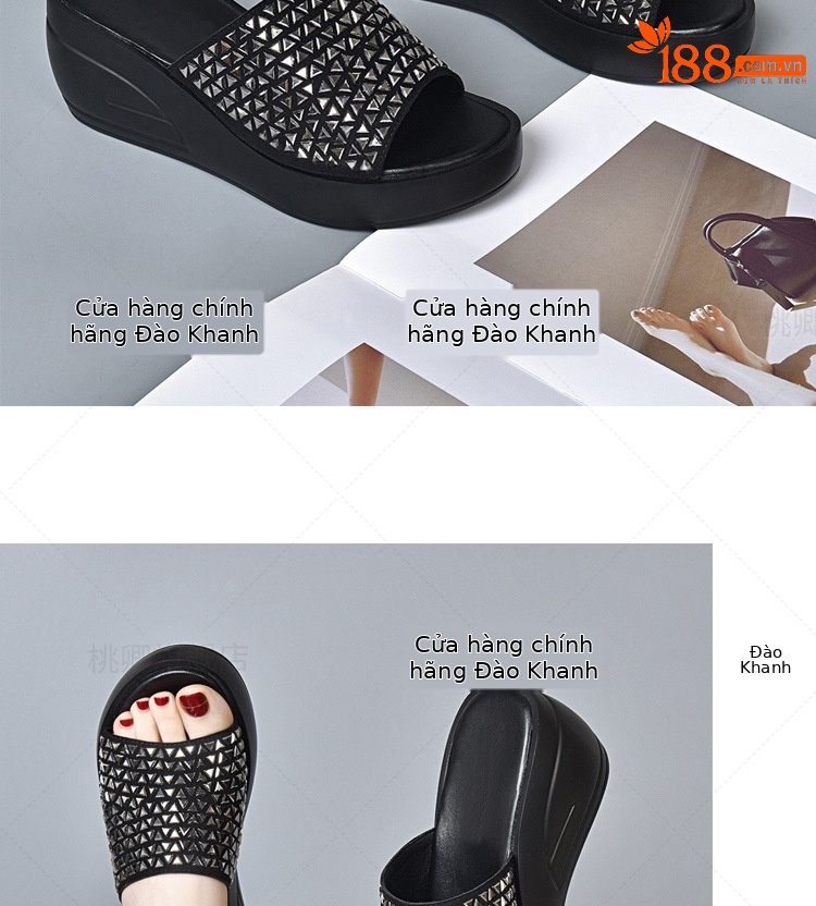 Sandal cao gót nữ đế dày đính đá lấp lánh quai ngang da thật — Màu đen chi tiết 12