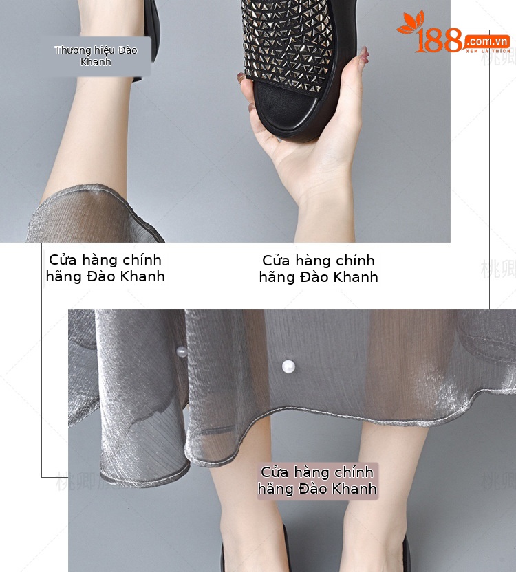 Sandal cao gót nữ đế dày đính đá lấp lánh quai ngang da thật — Màu đen chi tiết 13