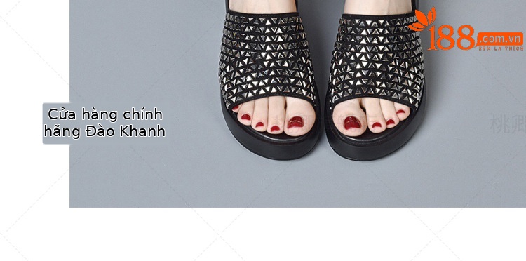 Sandal cao gót nữ đế dày đính đá lấp lánh quai ngang da thật — Màu đen chi tiết 14