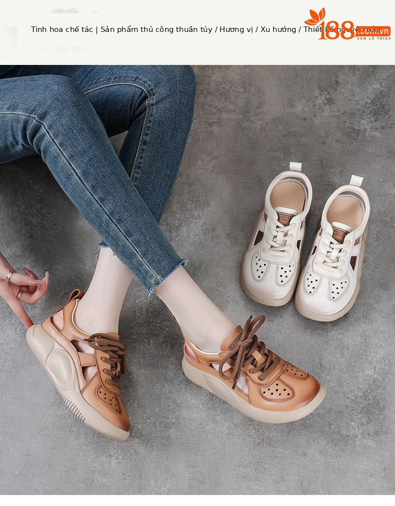 Sandal bít mũi thể thao da bò thật đế dày cổ điển mùa hè — Màu be chi tiết 1