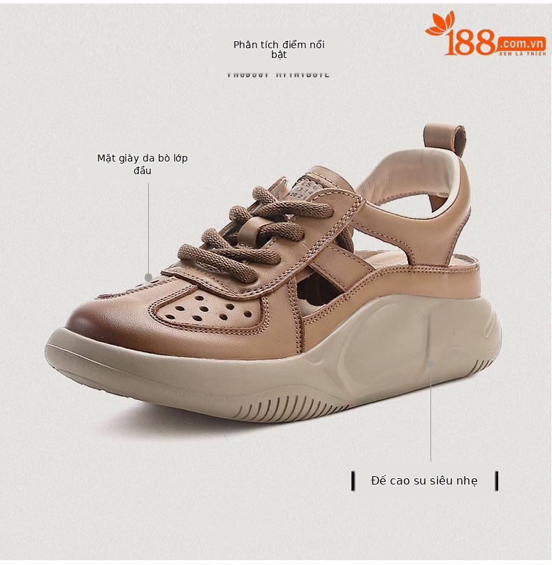 Sandal bít mũi thể thao da bò thật đế dày cổ điển mùa hè — Màu be chi tiết 3