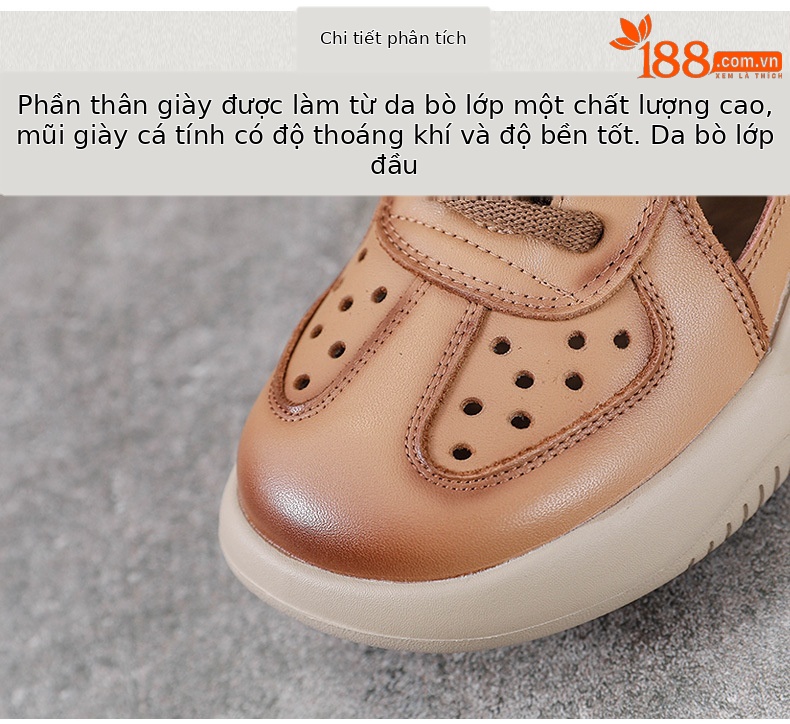Sandal bít mũi thể thao da bò thật đế dày cổ điển mùa hè — Màu be chi tiết 4