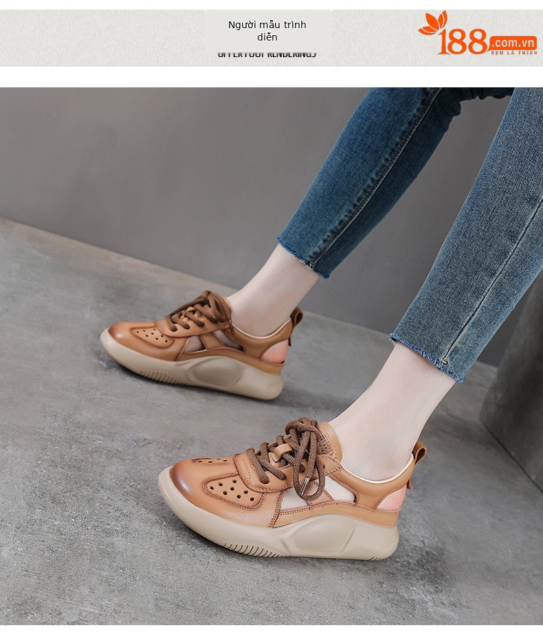 Sandal bít mũi thể thao da bò thật đế dày cổ điển mùa hè — Màu be chi tiết 9