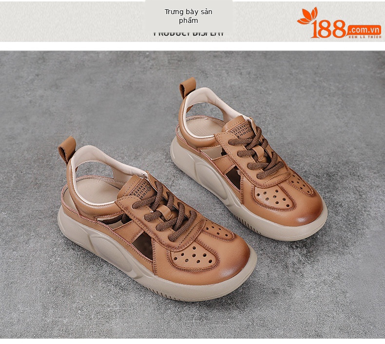 Sandal bít mũi thể thao da bò thật đế dày cổ điển mùa hè — Màu be chi tiết 10