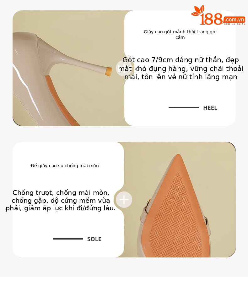 Giày cao gót nữ mũi nhọn gót 9 cm kiểu dáng xẻ bên — Màu nude-9CM chi tiết 3