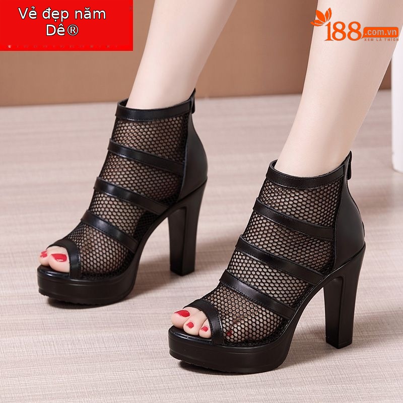Sandal nữ đế xuồng cao gót mũi hở lưới phối dây La Mã platform 8 cm — Màu đen, Màu đen 8cm