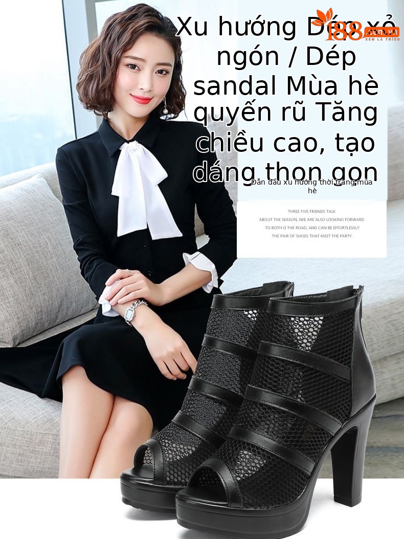 Sandal nữ đế xuồng cao gót mũi hở lưới phối dây La Mã platform 8 cm — Màu đen, Màu đen 8cm chi tiết 1