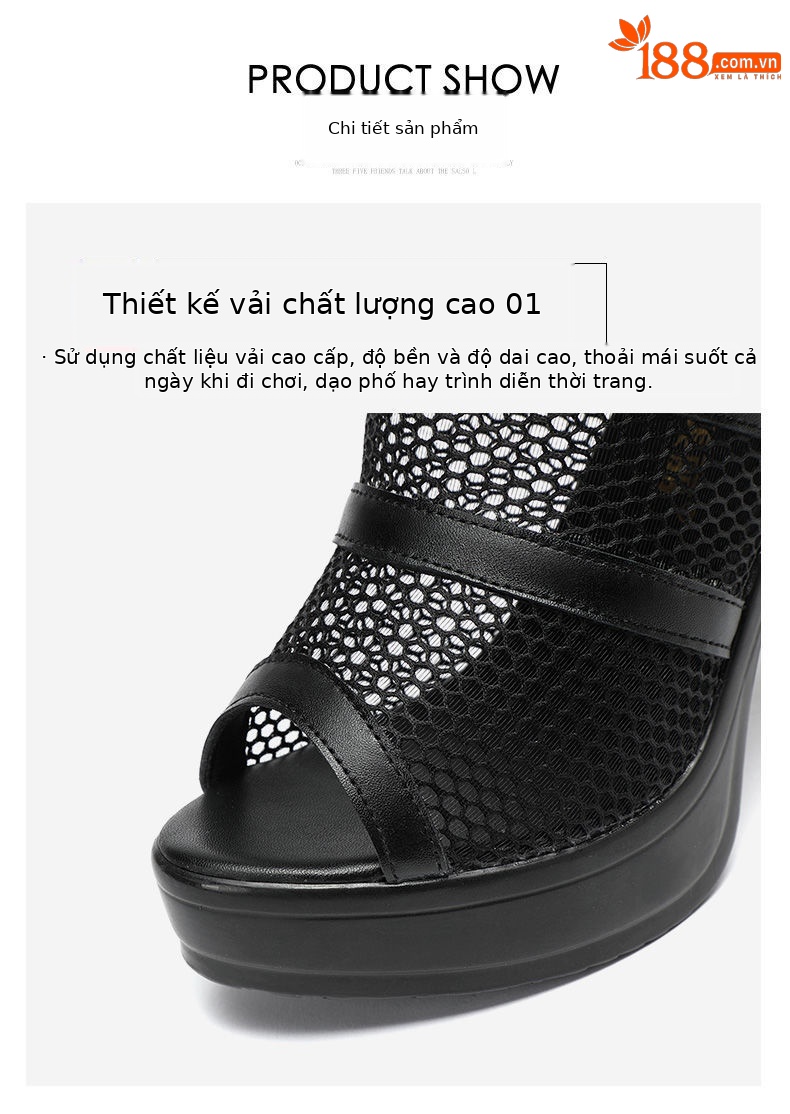 Sandal nữ đế xuồng cao gót mũi hở lưới phối dây La Mã platform 8 cm — Màu đen, Màu đen 8cm chi tiết 5