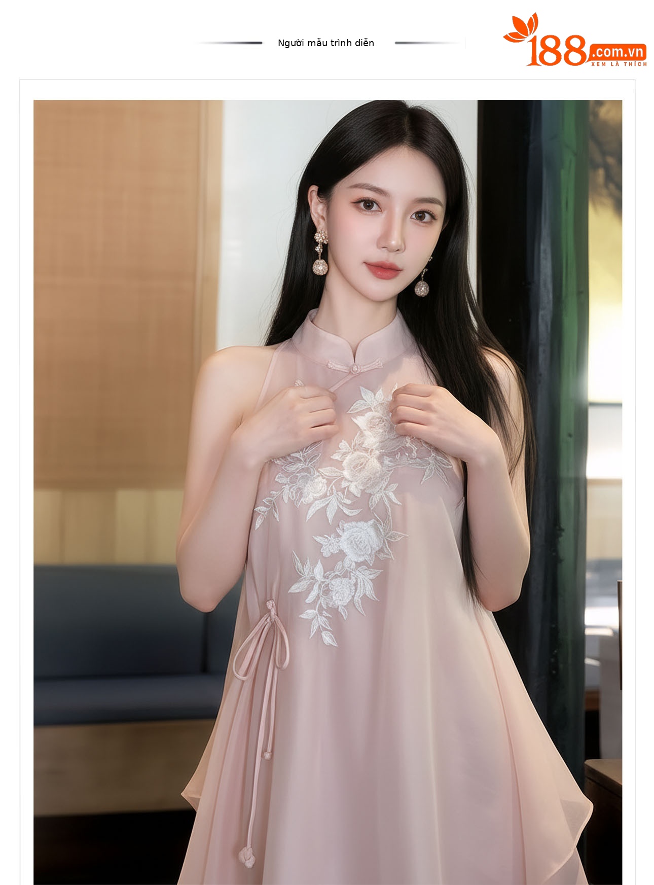 Đầm maxi thêu hoa phong cách Trung Hoa cổ điển, chất vải mỏng nhẹ mùa hè, tay lỡ, thắt eo — hồng chi tiết 1