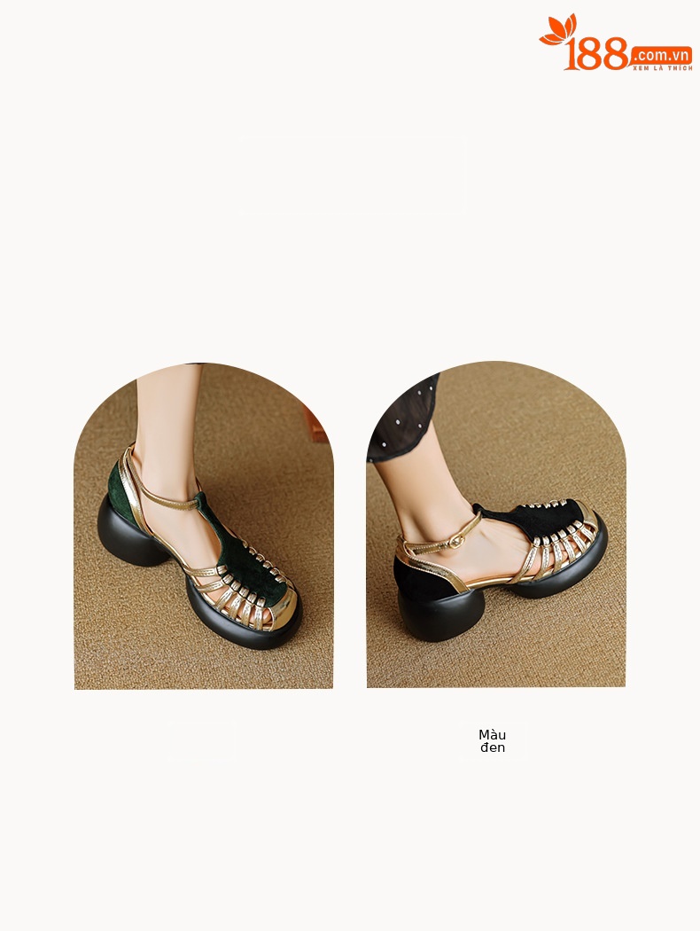 Sandal nữ quai ngang dệt mảnh da lộn, gót vuông ổn định, đế dày ghép màu — Màu đen chi tiết 6