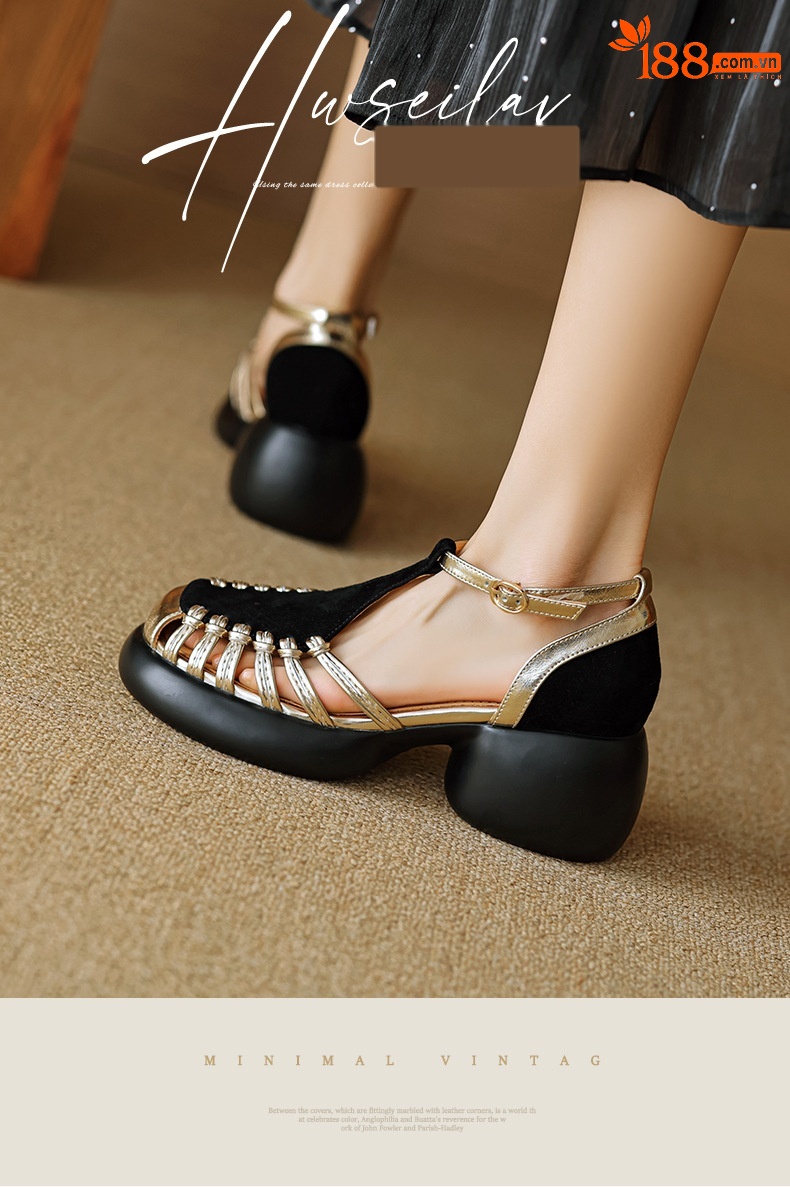 Sandal nữ quai ngang dệt mảnh da lộn, gót vuông ổn định, đế dày ghép màu — Màu đen chi tiết 8
