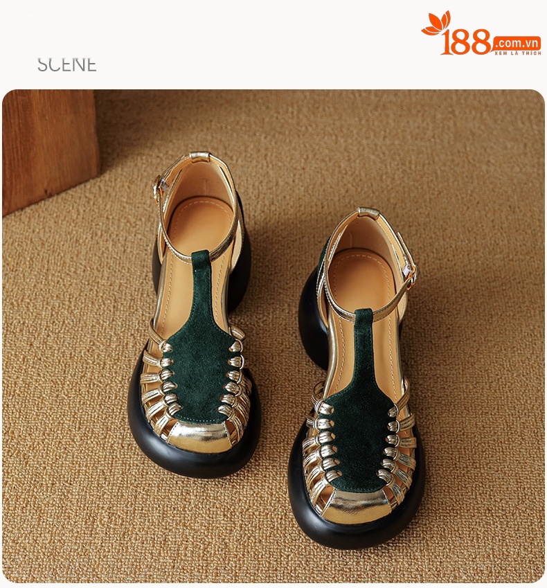 Sandal nữ quai ngang dệt mảnh da lộn, gót vuông ổn định, đế dày ghép màu — Màu đen chi tiết 20