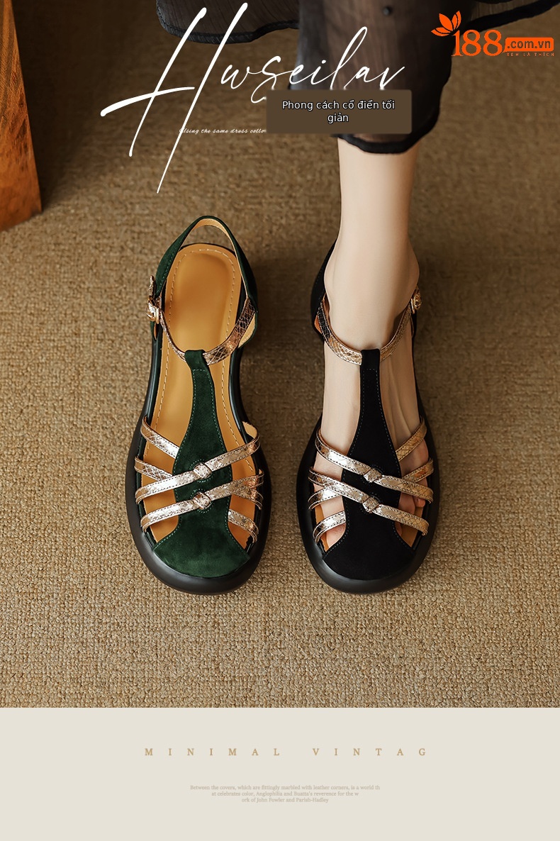 Sandal nữ da lộn quai mảnh dệt, mũi kín khóa chữ T, gót cao đế dày — Màu đen chi tiết 1