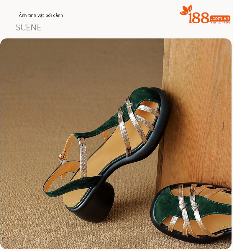 Sandal nữ da lộn quai mảnh dệt, mũi kín khóa chữ T, gót cao đế dày — Màu đen chi tiết 15