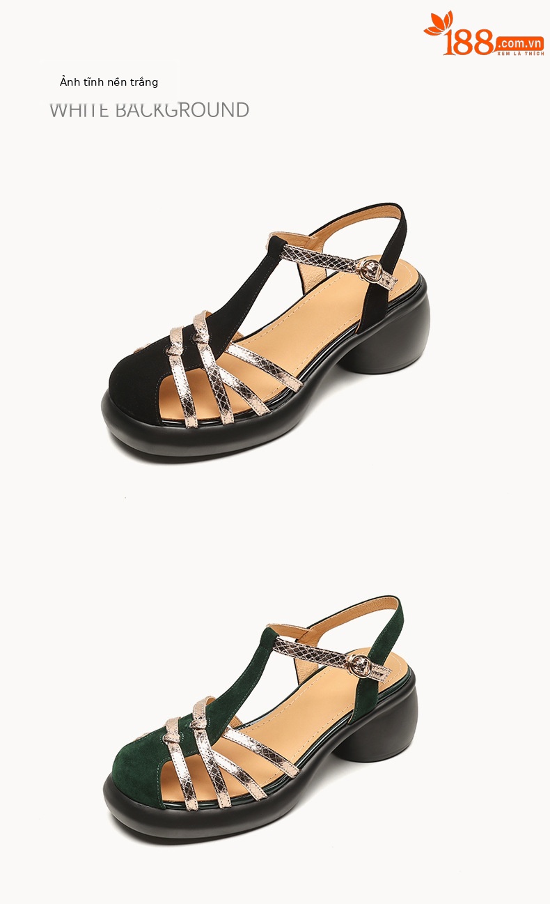 Sandal nữ da lộn quai mảnh dệt, mũi kín khóa chữ T, gót cao đế dày — Màu đen chi tiết 20