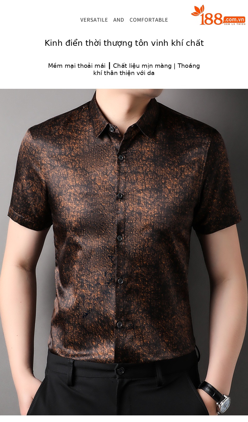 Áo sơ mi ngắn tay nam chất lụa cotton vân rùa mỏng mùa hè — Màu cà phê 90901210 chi tiết 1