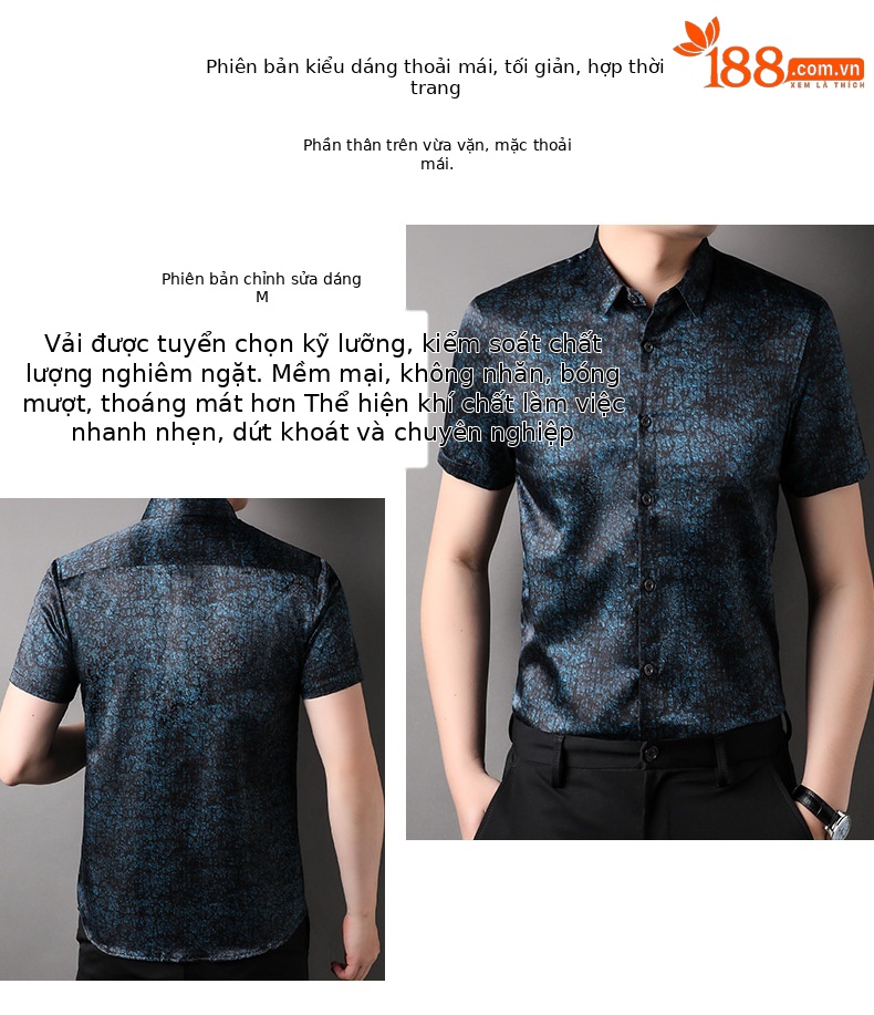 Áo sơ mi ngắn tay nam chất lụa cotton vân rùa mỏng mùa hè — Màu cà phê 90901210 chi tiết 3