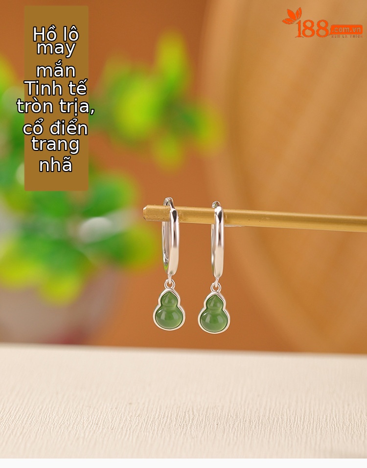 Bông tai bạc S925 đính ngọc bích Hetian phong cách Trung Hoa cổ điển — Một cặp chi tiết 1