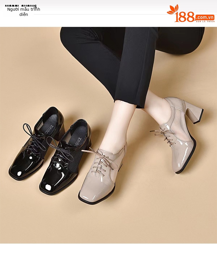 Giày sandal cao gót nữ mũi vuông gót dày da bóng thoáng khí — Màu đen chi tiết 1