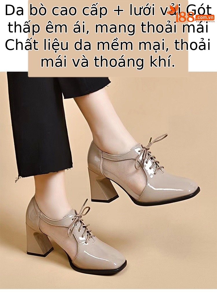 Giày sandal cao gót nữ mũi vuông gót dày da bóng thoáng khí — Màu đen chi tiết 2