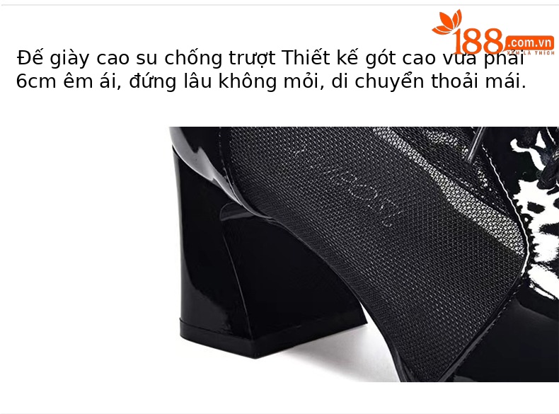 Giày sandal cao gót nữ mũi vuông gót dày da bóng thoáng khí — Màu đen chi tiết 8